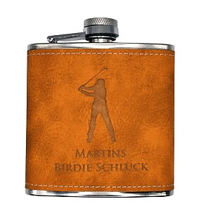 Brauner Lederflachmann mit Gravur Birdie Schluck
