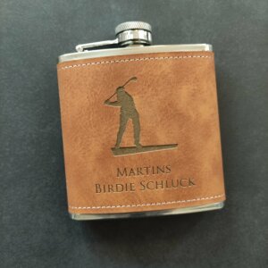 clubtags Flachmann Leder braun Logo Birdieschluck