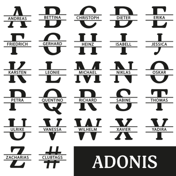 Schriftart ADONIS für Namensgravur auf Flachmann