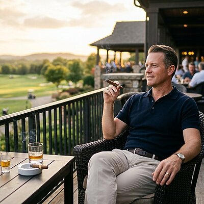 Golfterrasse bei Sonnenuntergang